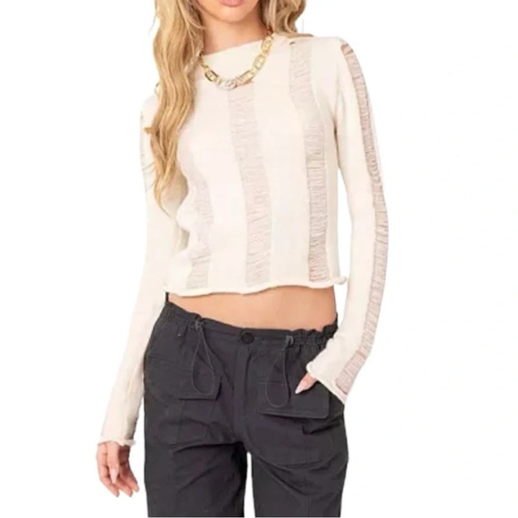 NWT Women's Distressed Sweater Top Trumpet Sleeve Summer Street Wear - Picture 3 of 6